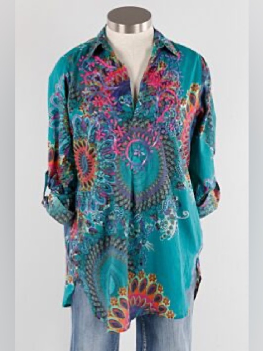 ANU by Natural Vibrant Turquoise embroidered Boho tunic top with pockets - Picture 2 of 8
